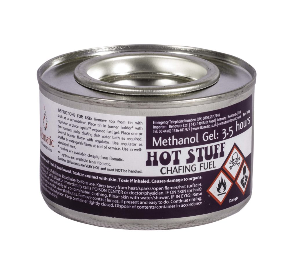 Hot Stuff Methanol Gel, an odourless chafing dish fuel for keeping food warm, suitable for chafing trays, fondue burners, and gel stoves.