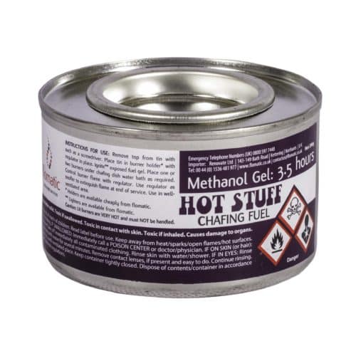 Hot Stuff Methanol Gel, an odourless chafing dish fuel for keeping food warm, suitable for chafing trays, fondue burners, and gel stoves.