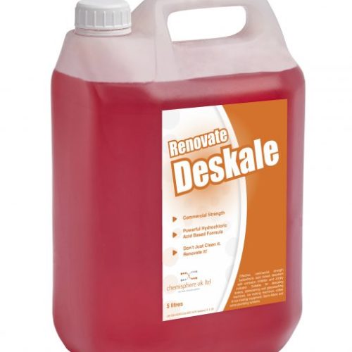 Renovate Deskale bottle, a commercial strength descaler for boilers, dishwashers, coffee machines, and more, with corrosion protection.