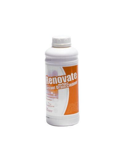 Renovate Instant Drain Cleaner bottle, a sulphuric acid solution for clearing grease, soap, and blockages in drains quickly and efficiently.
