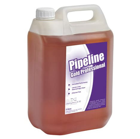 Pipeline Gold Professional 5L bottle of chlorine-free, high-strength beverage dispense system cleaner, designed for professional technicians.