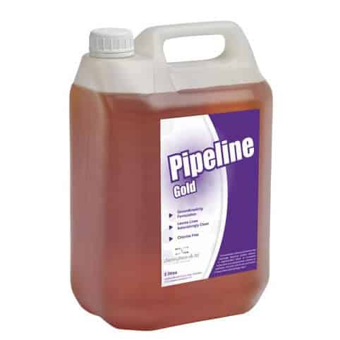 Image of the 5lt chlorine-free Pipeline Gold Beer Line Cleaner bottle. Perfect for lifting soil and biofilms to leave lines astonishingly clean.