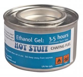 Hot Stuff 3.5 Hour Ethanol Gel, clean-burning gel fuel, available in cases of 72, ideal for chafing dishes and catering events.