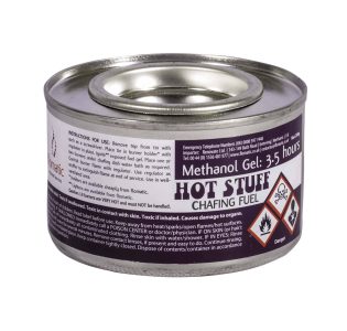 Hot Stuff Methanol Gel, an odourless chafing dish fuel for keeping food warm, suitable for chafing trays, fondue burners, and gel stoves.