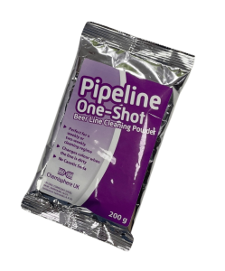 Close-up of a Pipeline One-Shot sachet, a pre-measured beer line cleaner designed for efficiency and reducing waste, displayed against a clean background.