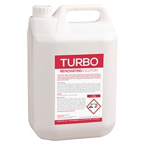 TURBO Renovating Solution, a concentrated liquid cleaner for deep-cleaning and renovating underperforming glasswashing systems.
