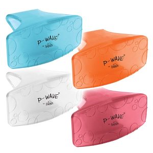 P-Wave Bowl Clip toilet bowl air freshener, providing 30 days of fragrance in Honeysuckle, Ocean Mist, Mango, and Spiced Apple. Eco-friendly and recyclable.