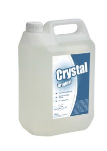 Crystal Original alkaline glasswashing detergent in 5, 10, and 20-liter sizes, designed for effective, economical cleaning of glassware in commercial settings.