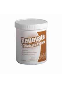 Image of tub of the Chemisphere Renovate Sanitising Tablets for beverage dispense systems, glasswashing, dishwashing, ice machines, and surfaces. Safe and versatile sterilising solution.